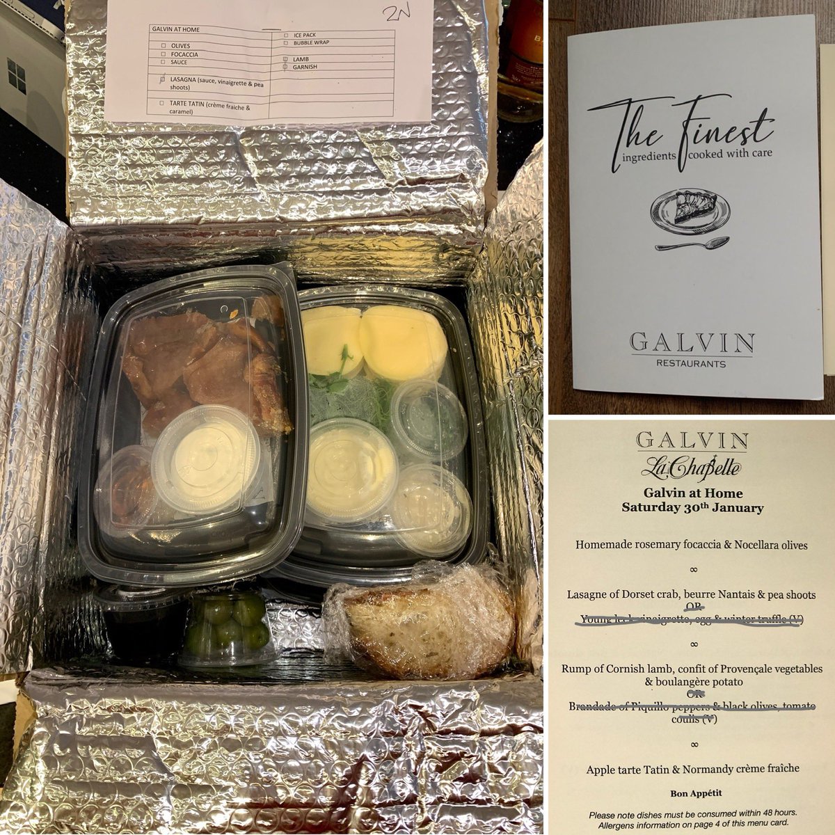 Lardbutty's tweet photo. Celebrating K’s bday with #GalvinAtHome restaurant delivery box: crab lasagne, Cornish lamb + apple tarte tatin. With prep instructions + videos, so organised @Galvin_brothers #lardbuttymichelin https://t.co/F5tGSNs6hG