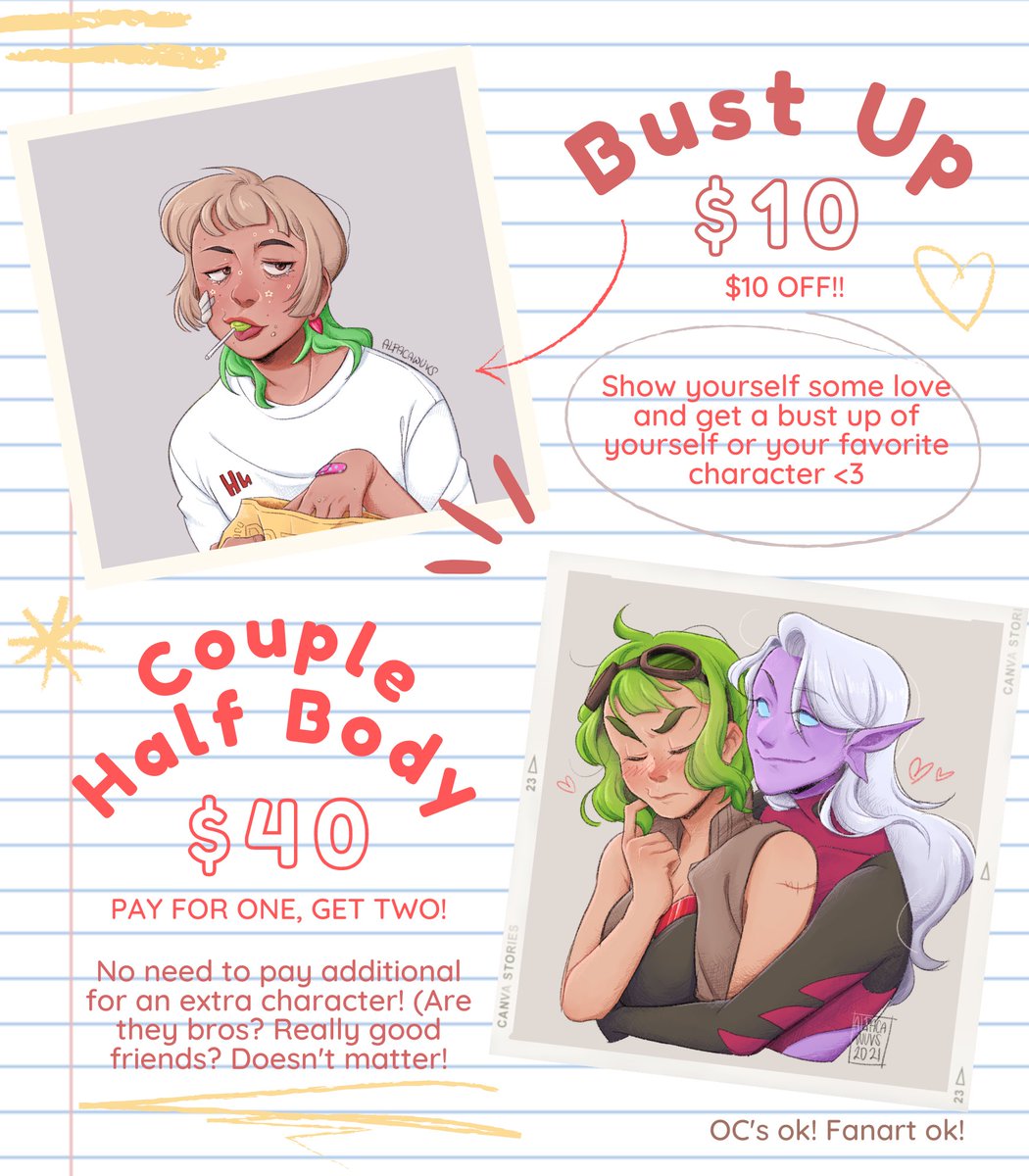 happy love month :D 

treat yourself to some art babey (n help out a broke college student) im opening 5 slots and 3 more for waitlist!! DM me if you're interested or if you have questions! tos will be in the replies <3
 
#artph #commissions #commissionsopen 