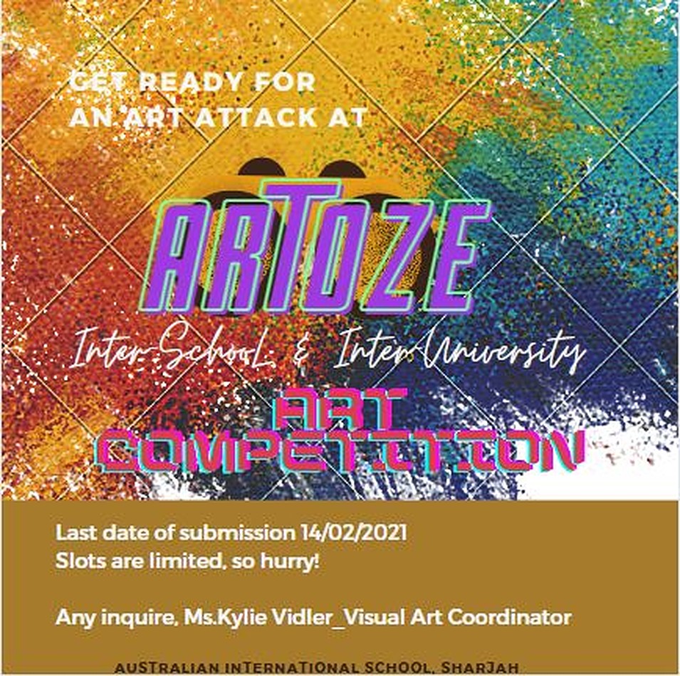 AIS_VisualArts's tweet photo. Artoze Gallery and Exhibitions is organizing an Inter-School and Inter-University Art Competition in UAE. Registration forms have been emailed to you. #AISArts #AISVisualArts https://t.co/sHx4dg5NGS