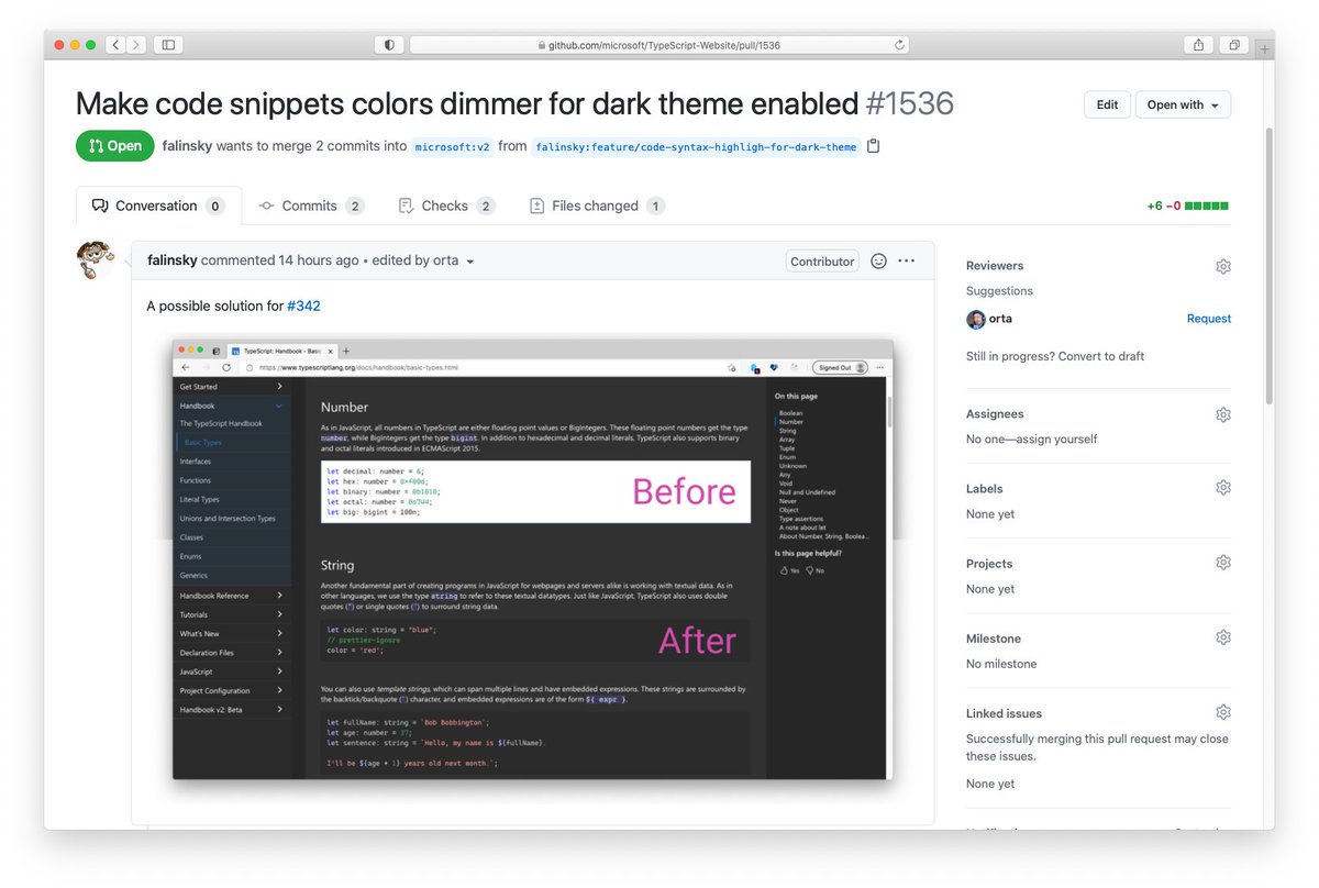 orta's tweet image. Woke up to a really creative answer to getting the code samples matching the dark mode in @TypeScript website from Sergey Falinsky. Love it.

github.com/microsoft/Type…