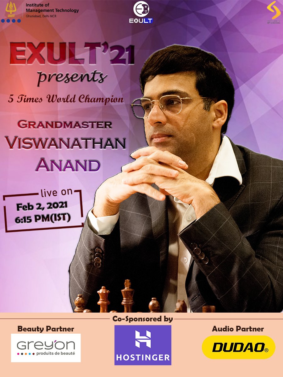 imtg_sportscom's tweet photo. The Sports committee of IMT Ghaziabad is all manned up to enrapture every element of the B-School vicinity, as we proudly announce the 5-time world champion, Mr. Viswanathan Anand as the chief guest of the launch of E-Xult, 2021.
#flEXULTimate
#RespawnJoy
#TheVirtualVoyage https://t.co/Ysy0jVxiHe