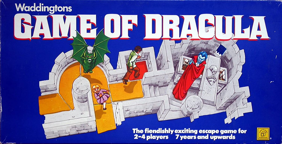 ScarredForLife2's tweet photo. In the 70s and 80s board games set out to chill. You could be bitten by a shark, turned into a vampire or hit by a large ball bearing when Ghoulish Gertie dropped it down the chimney. https://t.co/RYKnt6USb4