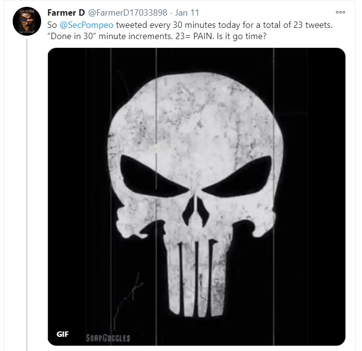 There was intense speculation over how to interpret the (scheduled) tweets, combined with QAnon imagery like the Punisher skull. MN also put the Punisher skull up on Facebook, before warning people not to try to cancel his childhood iconography. With a wink.
