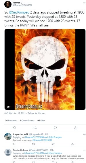 There was intense speculation over how to interpret the (scheduled) tweets, combined with QAnon imagery like the Punisher skull. MN also put the Punisher skull up on Facebook, before warning people not to try to cancel his childhood iconography. With a wink.