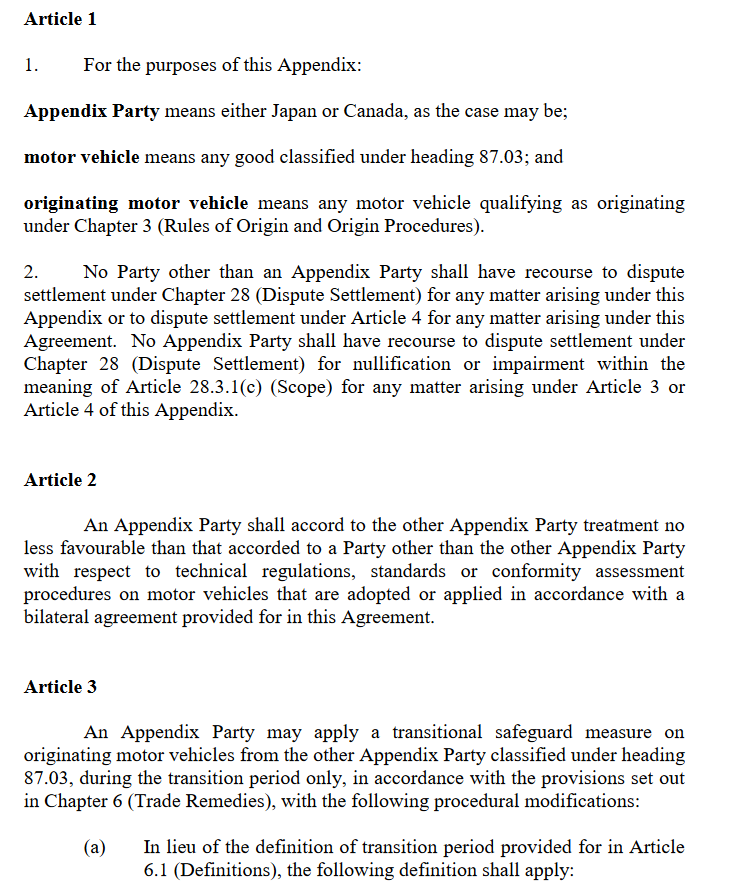 “Pure poetry”“More of your ‘poetry’ in the Canada-Japan deal on vehicle tariffs. Looks like an ‘MFN’ provision, so favourable terms for others in  #CPTPP on regulations etc have to be matched between the two, plus something on safeguard tariffs.” https://www.mfat.govt.nz/assets/Trade-agreements/TPP/Annexes-ENGLISH/2-D.-Canada-Appendix-D-Appendix-between-Japan-and-Canada-on-Motor-Vehicle-Trade.pdf8/13