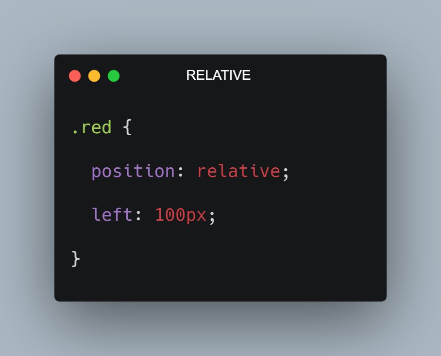  Relative position is relative to itself.For example: Consider the code and output in the attached image belowAs you can see red box is shifted 100px from left because I applied left offset after giving it relative positioning