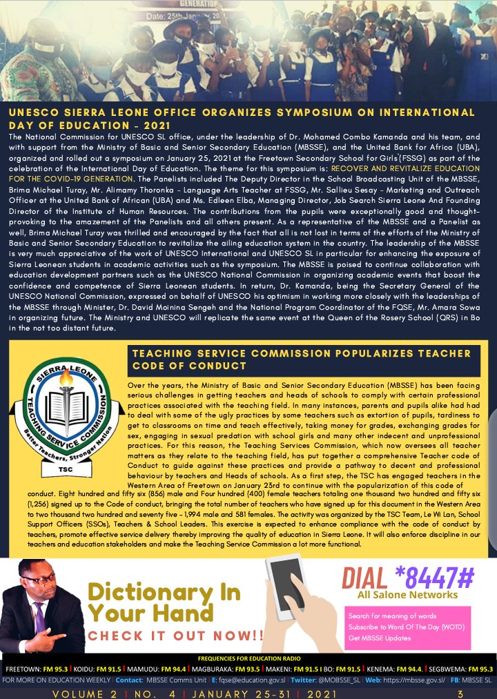 MBSSE Education Weekly for the Week of Jan. 25-31, 2021 feat. MBSSE representation at the RAIC’s Dataset Inventory of Pilot MDAs, Minister Sengeh’s campaign against Makeshift schools in SL, UNESCO celebrates International Day of Edu, TSC popularizes the Teacher Codes of Conduct..