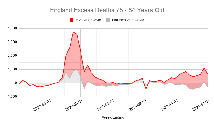 Covid (like most things) disproportionately kills the elderly, and sadly that's reflected in the excess death figures.The vast majority of excess deaths last year are in people over 65, and most of those involved covid.