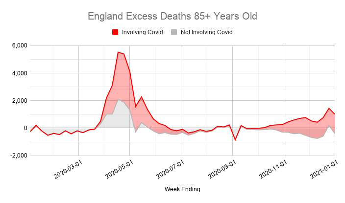 Covid (like most things) disproportionately kills the elderly, and sadly that's reflected in the excess death figures.The vast majority of excess deaths last year are in people over 65, and most of those involved covid.