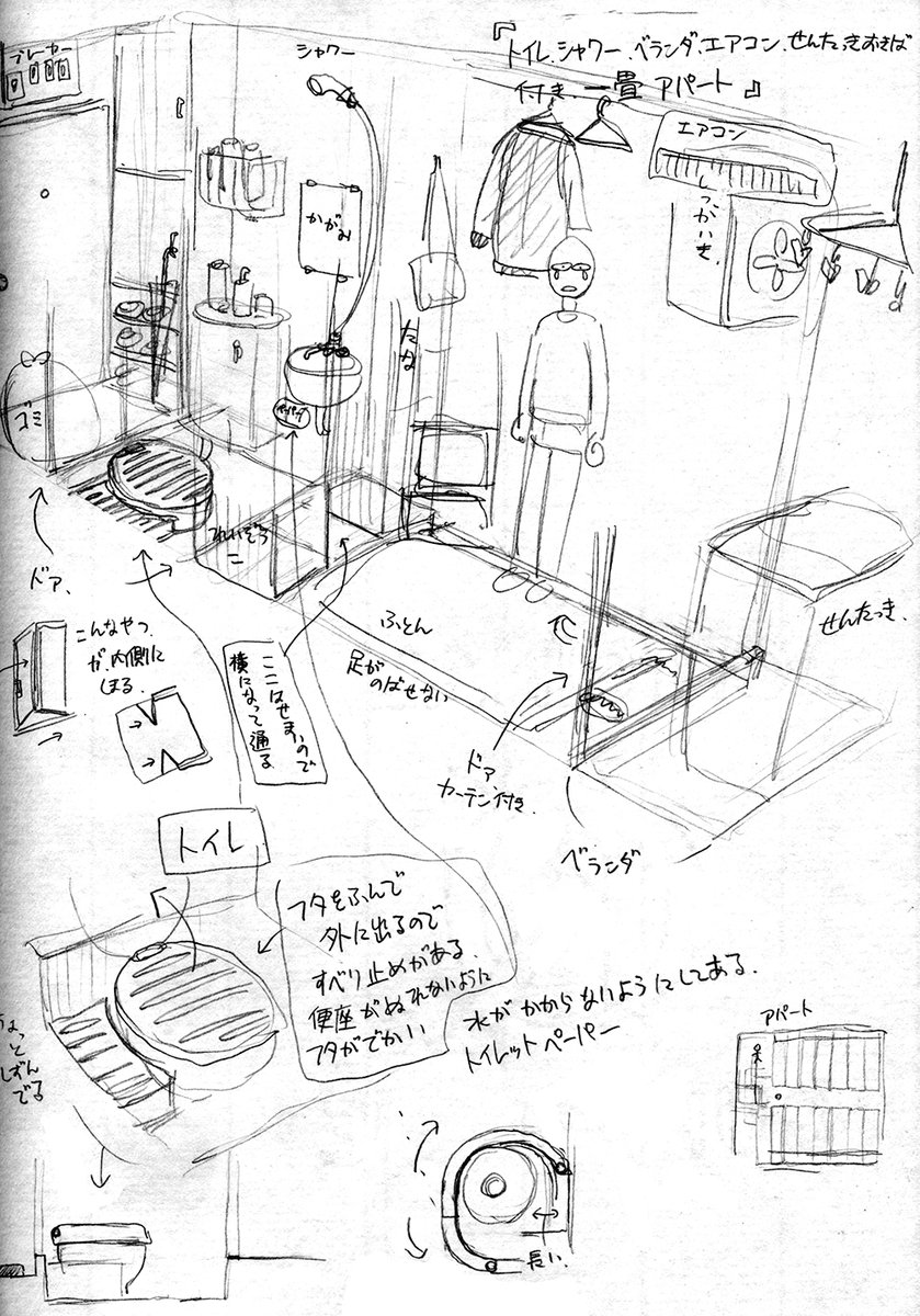 兼房光 絵仕事募集中 昔なぜか考えた一畳のアパート 玄関と部屋の間のユニットシャワーが通路にもなっている ひらがなだらけで恥ずかしいですw