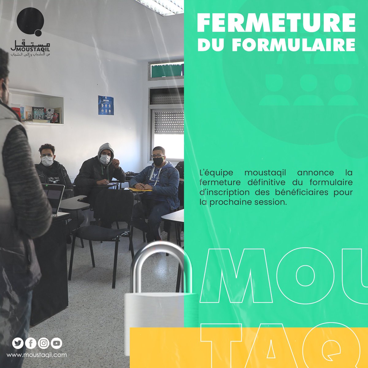 AMoustaqil's tweet photo. Fermeture officielle de l’inscription au programme émergence des compétences organisé tous les trois mois par l’initiative moustaqil au profit des jeunes NEETs. 

Nous vous donnons rendez vous dans 3 mois pour une nouvelle session. https://t.co/SR1fQV2aC8