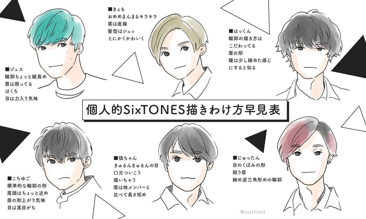 りこ V Tvittere 最近描き始めたので 個人的に考えているsixtones描きわけ方早見表みたいなものを作ってみました 6人全員分あります ついでに下書きラフもアップ 下書き分 ペン入れ分 色塗り分 編集分 Sixtones ジェシー 京本大我 松村北斗 高地 りこ V Tvittere 最近描き始めたので 個人的に考えているsixtones描きわけ方早見表みたいなものを作ってみました 6人全員分あります ついでに下書きラフもアップ 下書き分 ペン入れ分 色塗り分 編集分 Sixtones ジェシー 京本大我 松村北斗 高地