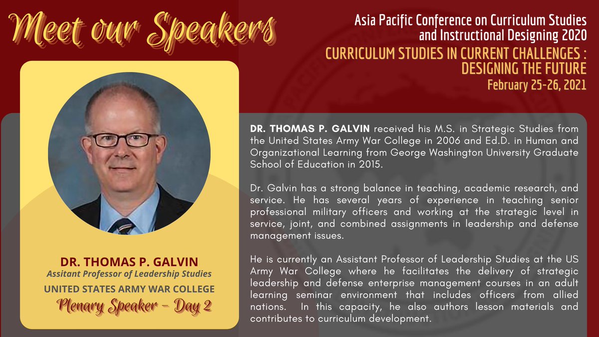 Get to know one of the PLENARY SPEAKERS of the upcoming 4th Asia Pacific Conference on Curriculum Studies and Instructional Designing (APCCSID). This is FREE for all APRACSI and CSAPI members. To register or be a member, please CLICK the link below. bit.ly/APCCSID2020