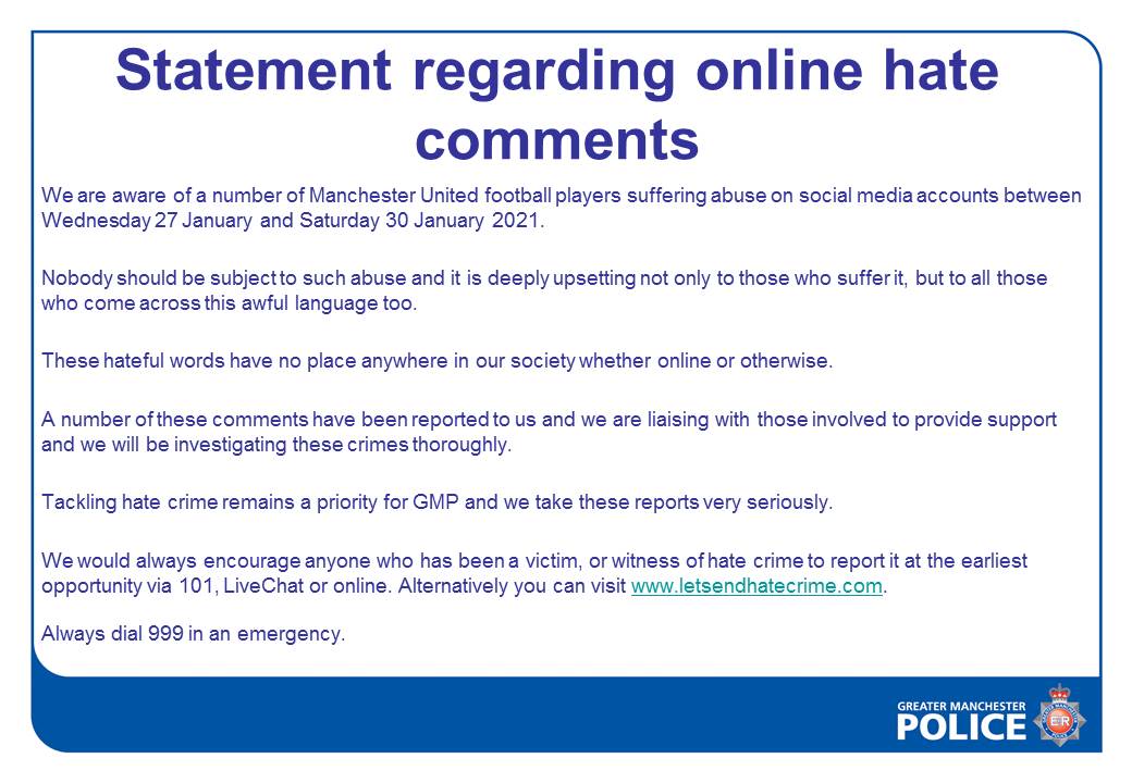 gmpolice's tweet photo. #STATEMENT | GMP statement regarding a number of hate comments made online towards football players. We will continue to take all reports of this nature incredibly seriously. https://t.co/j6hSvjkBGR