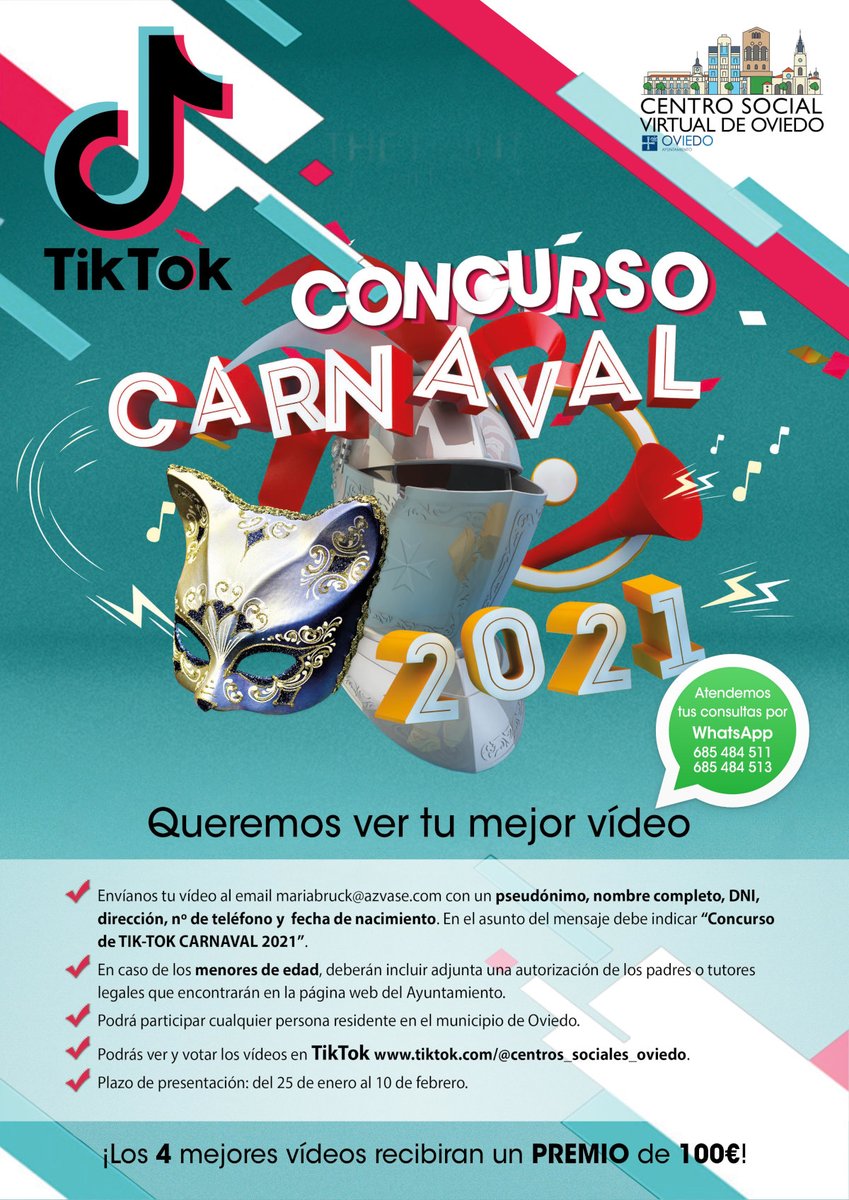 🎭 Disfruta del Carnaval desde tu casa gracias a los concursos que organiza la concejalía de Centros Sociales a través de las redes sociales. Tienes toda la información en oviedo.es/centrossociale…
#CarnavalOviedo2021