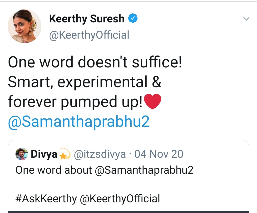  #keerthiSuresh about  #SamanthaAkkineni  @samanthaprabhu2 