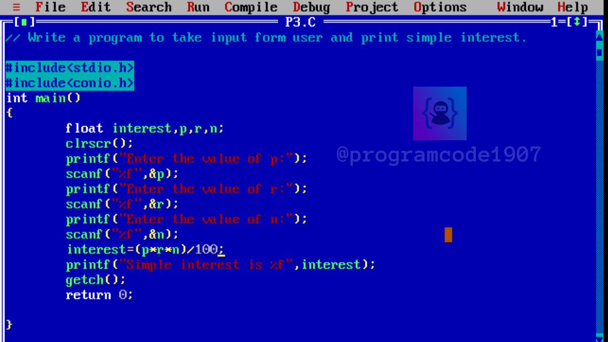 ProgramCode1907's tweet image. write Program To take input from user print Simple interest-@ProgramCode1907
Download Source code:-
programcode1907.blogspot.com/2020/12/square…
#programming #programmer #programcode #programcode1907
#cprogram #clane #clanguage #ClanLands #cprogramming #programmingmemes #programacion #programfolback