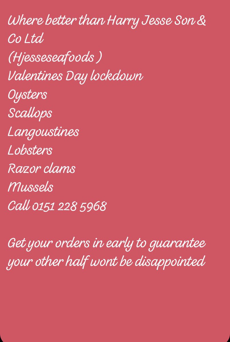 hjesseseafoods's tweet photo. #ValentinesDay #hjesseafoods #getordering #call 01512285968 https://t.co/YBXtubxkN0