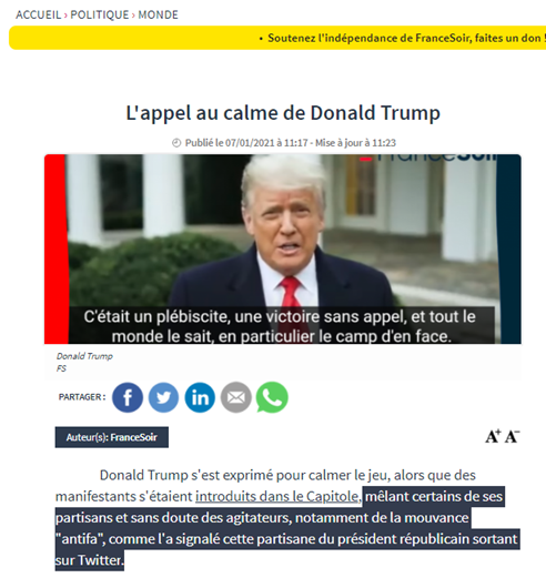 Bien entendu on voit aussi des fake news hors des « opinions » par exemple sur Trump dans les rubriques standard (politique/monde) (et même en anglais, pas mal la rédac qui laisse passer ça !)