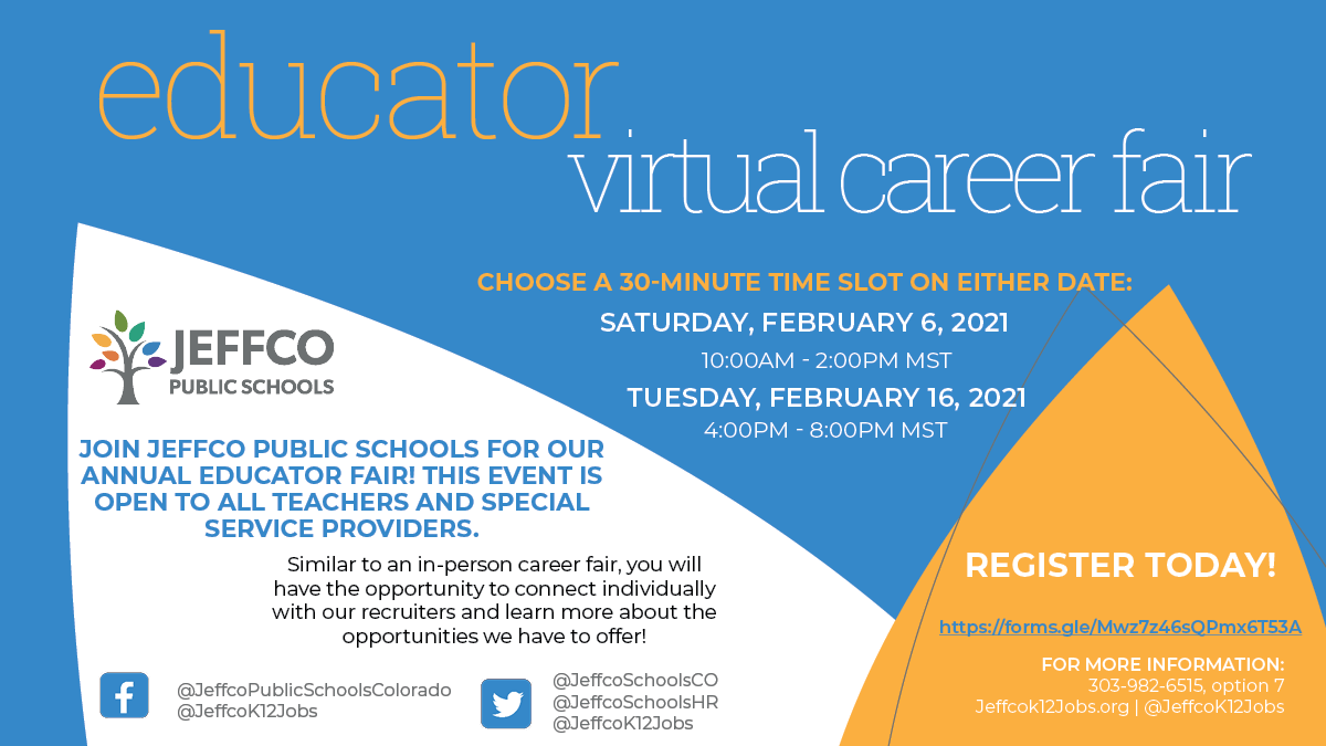 Don't miss this opportunity! Our annual Jeffco Educator Fair will be hosted virtually this year. Register today for your 30-minute time slot at forms.gle/QW4ttUgyEBcRs4…

<a href="/JeffcoSchoolsCo/">Jeffco Public Schools</a> #CareerFair #VirtualCareerFair #ColoradoCareers #TeamJeffco #Hiring #Jobs #JeffcoPublicSchools