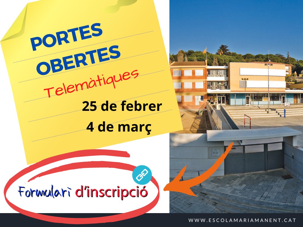 EscMariaManent's tweet photo. Jornades de Portes obertes telemàtiques.
25 de febrer a les 9 '30 h i 4 de març a les 15,30 h.
Per apuntar-vos cliqueu l'enllaç següent https://t.co/JO8nk4FgSD https://t.co/ybenMTPMNa