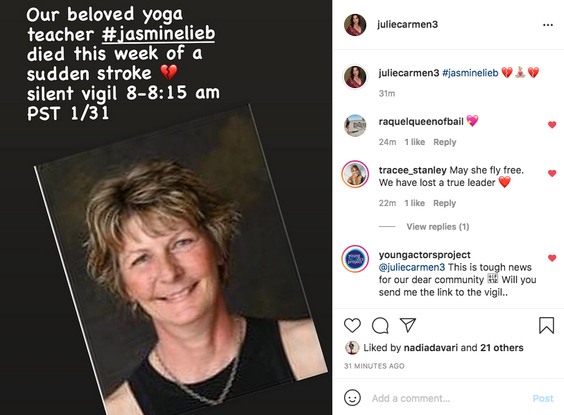 YogaTalks1's tweet photo. Our much loved teachers' teacher #jasminelieb died this week of a sudden stroke. She said, "Take a moment to promise yourself you will carry with you throughout your day the benefits you got from your yoga practice as you interact with yourself and others, Namaste" - Jasmine Lieb https://t.co/ZgHNh2zL09