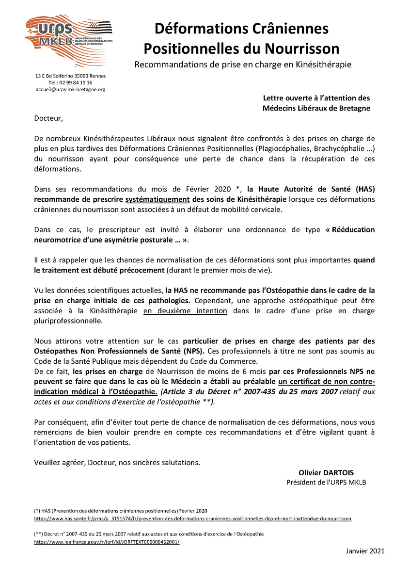urps_mk_bzh's tweet photo. DÉFORMATIONS CRÂNIENNES POSITIONNELLES DU NOURRISSON : Recommandations de prise en charge en Kinésithérapie

Lettre ouverte à l'attention des Médecins Libéraux Bretons : https://t.co/f2FmdMPMDX https://t.co/BCe7HgHhI4