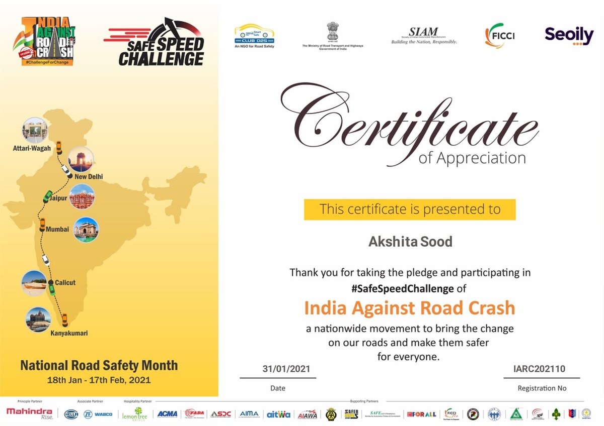I am doing my bit. I have taken the #RoadSafety pledge. Will You? 
  
Now It's TIME FOR YOU to come forward & take the Road Safety Pledge at indiaagainstroadcrash.org

#IndiaAgainstRoadCrash #SafeSpeedChallenge