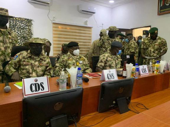 Nigerian Army CDS and Service Chiefs during an Operational visit to Headquarters, Command and Control Centre OP LAFIYA DOLE Maiduguri on 31 January 2021