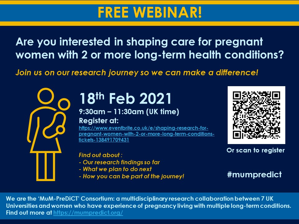 #mumpredict is a remarkable project which aims to improve care for pregnant women with 2 or more health conditions. To know details about our findings and future plans, please register for the dissemination event by scanning the QR code in picture or visit mumpredict.org