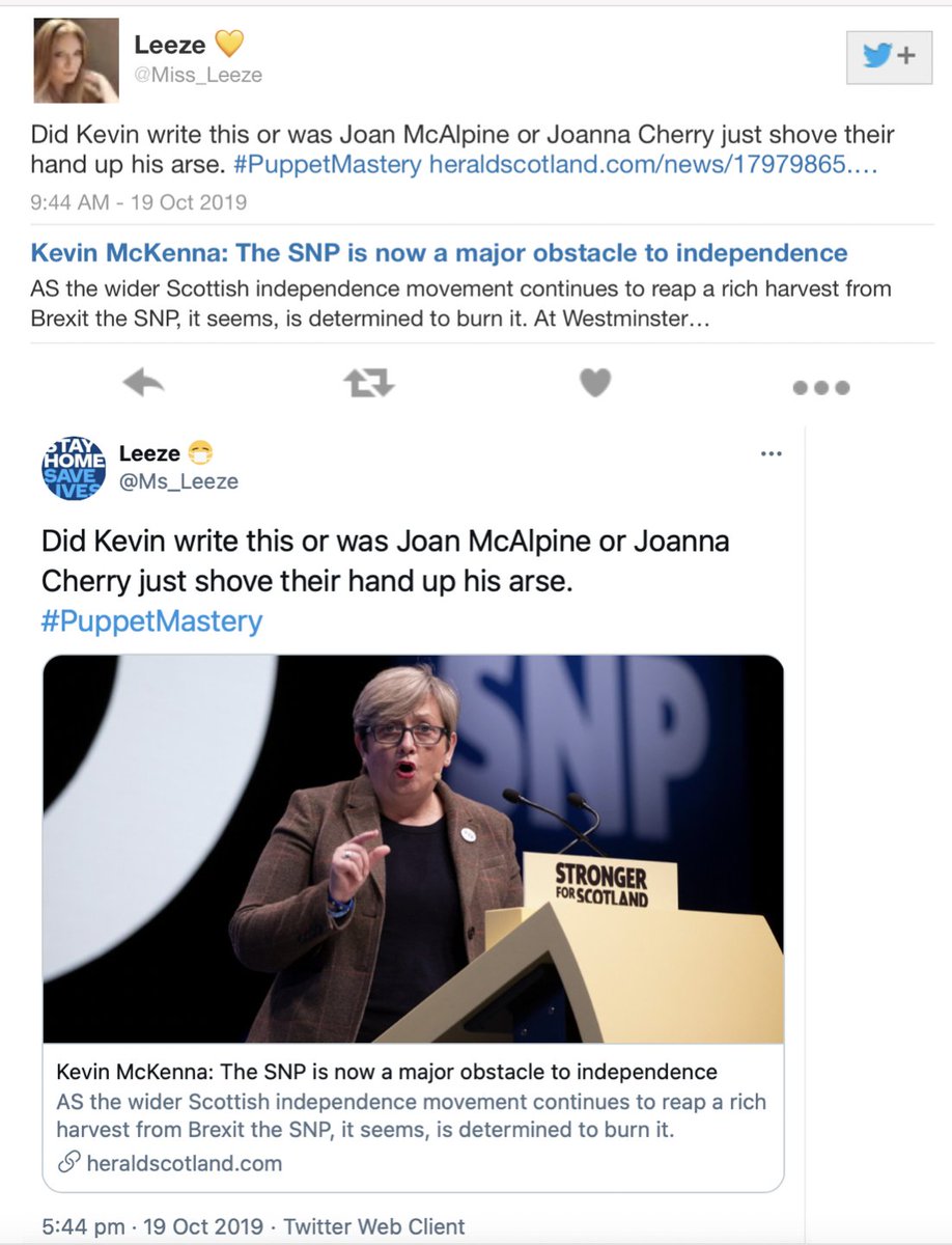 Here's one insulting Joanna Cherry and Joan McAlpine, something Leeze does on a regular basis, simply because they stick up for women's rights: https://archive.is/iJqSU  https://archive.is/L7YrF Again, the original is still there: https://twitter.com/Ms_Leeze/status/118559761519231795316/19