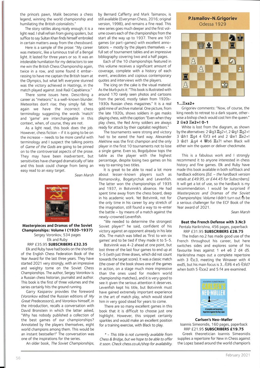 Elk and Ruby Publishing House 🎗️ (@ilan_ruby) on Twitter photo Fair review of Sergey Voronkov's Masterpieces and Dramas of the Soviet Championships Vol. 1 in the upcoming issue of <a href="/CHESS_Magazine/">CHESS Magazine</a> by <a href="/CSCTeesside/">Sean Marsh</a>
Look out also for the interview with Genna Sosonko, author of 3 Elk and Ruby books, with <a href="/GreenBGambit/">Greenbecker</a> in that issue. Fair review of Sergey Voronkov's Masterpieces and Dramas of the Soviet Championships Vol. 1 in the upcoming issue of <a href="/CHESS_Magazine/">CHESS Magazine</a> by <a href="/CSCTeesside/">Sean Marsh</a>
Look out also for the interview with Genna Sosonko, author of 3 Elk and Ruby books, with <a href="/GreenBGambit/">Greenbecker</a> in that issue.