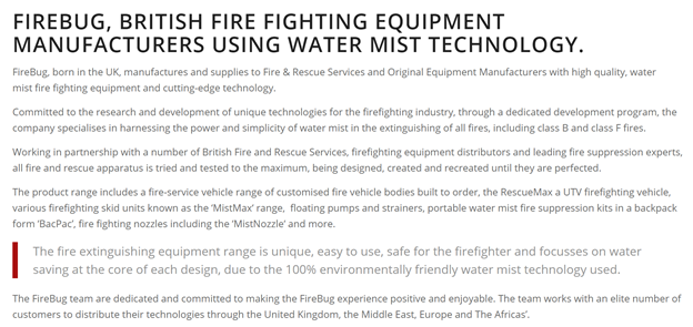 Current primary acquisition target is Fire Bug, patented technology to more efficiently fight fires.Patents valued at 2 million pounds / ~2.74 million dollars http://firebuggroup.com/&nbsp; https://www.dropbox.com/sh/1o0ljx09xgo4exl/AACUm_v5ny3d2MwUUIwCobAca/FireBug%20Info%20Video%20Pre%20ILUS?dl=0&preview=Short+Summary+Video.mp4&subfolder_nav_tracking=1