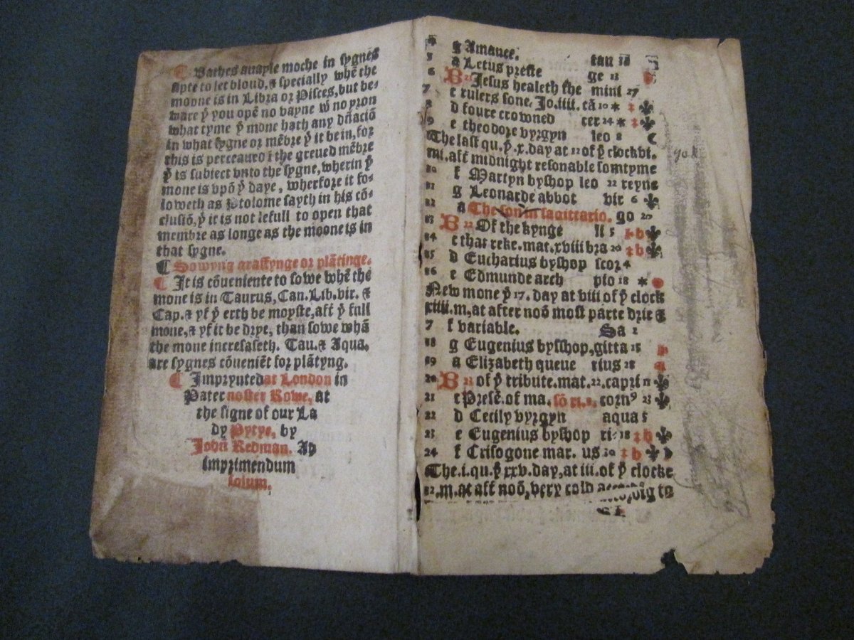 MarshsLibrary's tweet photo. Pages of a colourful, cheap #almanack from London in 1541 found inside one of our books.
Recycling as #bindingwaste helps to explain why #ESTC lists only 4 copies of this text surviving in the world. https://t.co/4EtCmVt9gT
