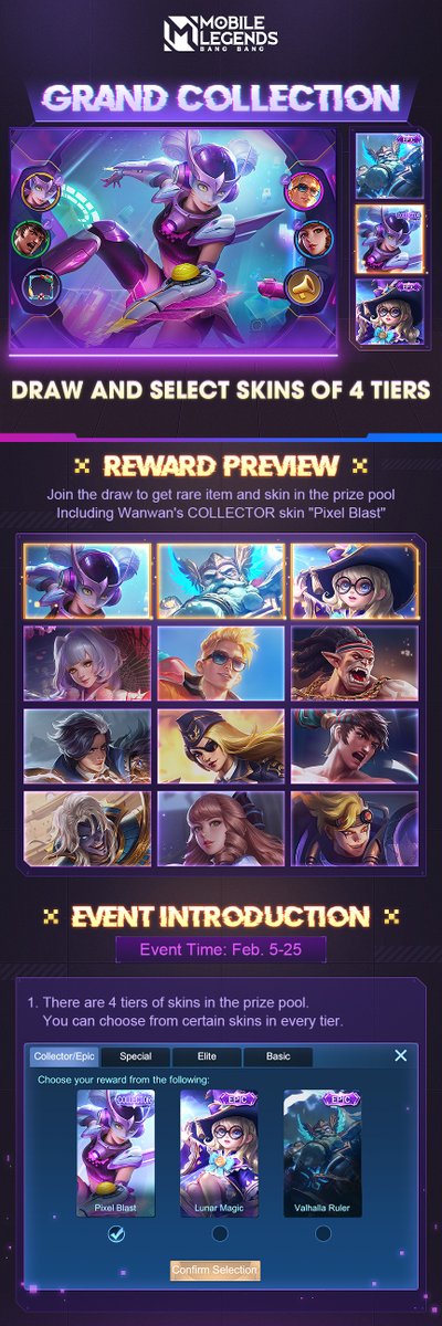 MobileLegendsOL's tweet photo. Draw skins of 4 tiers in Grand Collection event!
Play the mini-game, earn Points, and redeem Tokens.
Join the draw to get rare items and skins, including Wanwan's COLLECTOR skin "Pixel Blast"!
Event Time: Feb. 5-25
#MobileLegendsBangBang
#GrandCollection https://t.co/KHB9F88wwo