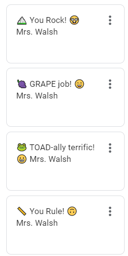 JessicaWalshEdu's tweet photo. Added to my Google Classroom comment bank this morning. Got any fave punny feedback comments? @GoogleForEdu #204LearningNeverStops https://t.co/SJ87FFf91d
