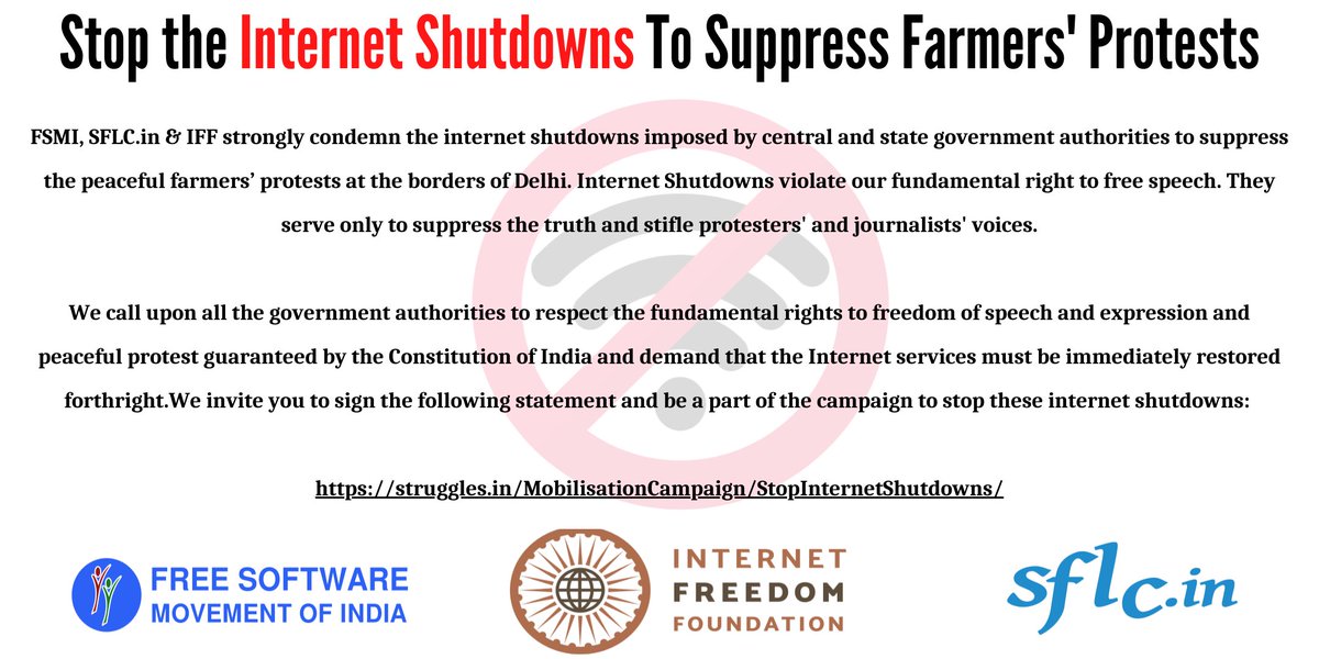fsmi_in's tweet photo. FSMI, @SFLCin &amp; @internetfreedom strongly condemn the internet shutdowns imposed by the government authorities to suppress the peaceful farmers’ protests. We invite you to sign this statement and be a part of the campaign to stop #InternetShutdowns  :

https://t.co/HRX1WnKOjS https://t.co/aTvOmCG0UL