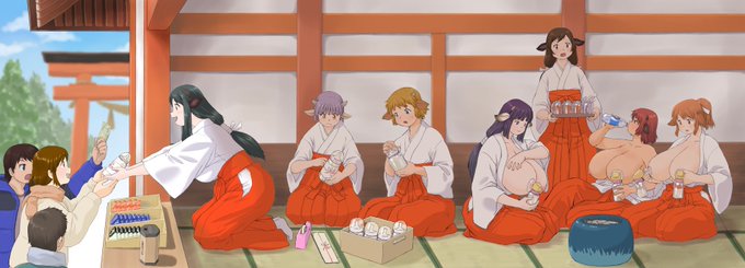 左端の娘描く→淋しいから4、6、7人…と増やす→正月間に合わないので別絵描く→年明けてインラインの配置を直したくなるけど収集つかんので、ともかく彩色。色々不満はあるけど、もともと年賀絵のつもりだったので1月中にアップです 