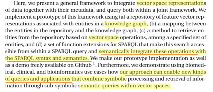 semanticbeeng's tweet photo. "kinds of queries that can be asked about #vectorspace representations are largely disconnected from #SPARQL"
"our approach can enable new kinds of queries & applications that combine symbolic ... and semantic queries within #vectorspace-s"
#DistributionalSemantics #SemanticWeb https://t.co/Opqj7hi1vO