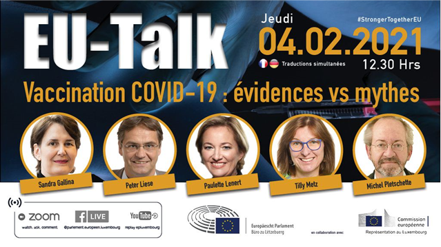UE_Luxembourg's tweet photo. #EUTalk Vaccination COVID-19: évidences vs mythes
🗓️Jeudi, 4 février 2021
⏰à 12h30
Inscrivez-vous à notre webinaire coorganisé avec nos collègues @EP_LUXEMBOURG, sur la stratégie de vaccination européenne et luxembourgeoise 👉https://t.co/NW5yvQ4x9F #StrongerTogether https://t.co/98z3pHSz3I