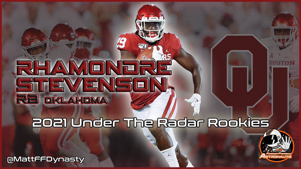 • 2021 Under The Radar Rookies •Rhamondre Stevenson - RB (Oklahoma)Height: 6’0”Weight: 227lbsAge: 22Career stats (Rush/Rec)2019: 13 - 64/515/6 - 10/87/02020: 6 - 101/665/7 - 18/211/0Total:19 games - 165/1180/13 - 28/298/0Senior Bowl stats:7/9/0 - 1/5/0(1/9)