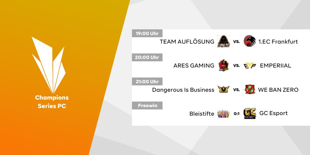 Die R6S Champions Series [PC] Spieltag 8 geht heute wieder ab 19:00 Uhr auf twitch.tv/ebattlegg an den Start!
🏅🏅🏅
<a href="/1ECFrankfurt/">1. Esport Club Frankfurt e.V.</a> <a href="/Emperiial/">Emperiial eSports e.V.🇩🇪</a> <a href="/AresGamingDE/">Ares Gaming</a> <a href="/GameCatering/">GameCatering Media UG</a> @DiBGermany #webanzero #teamauflösung
powered by @DiBGermany &amp; <a href="/r6team_platform/">r6team</a> 
#r6s #ebattle #liga