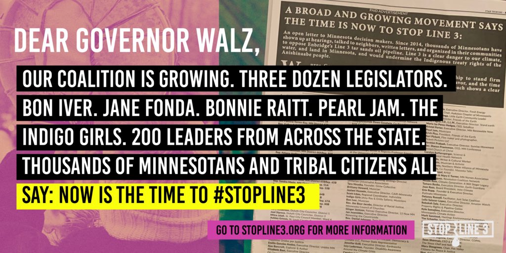 In a full page ad in today's Star Tribune, over three dozen #mnleg members, and 200 Minnesota leaders and prominent musicians send a clear message: <a href="/GovTimWalz/">Governor Tim Walz</a> must #StopLine3. 

Thank you to <a href="/boniver/">Bon Iver</a>, <a href="/Janefonda/">Jane Seymour Fonda</a>, <a href="/PearlJam/">Pearl Jam</a>, <a href="/TheBonnieRaitt/">Bonnie Raitt</a> and more for standing with us.