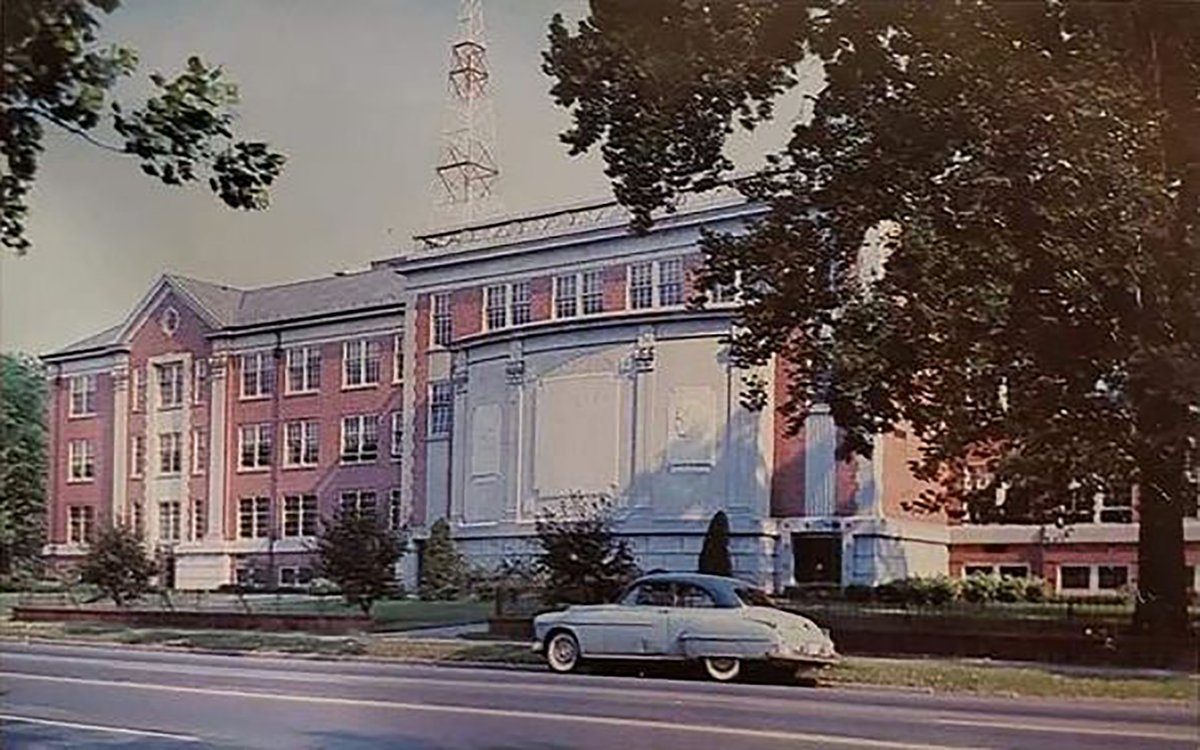 Postcard of the Science Building on the campus of <a href="/marshallu/">Marshall University</a> circa 1950s. The only notable difference between this and a modern photo would be the direction of traffic on Third Avenue. Courtesy Mark Parsons. #HuntingtonWV