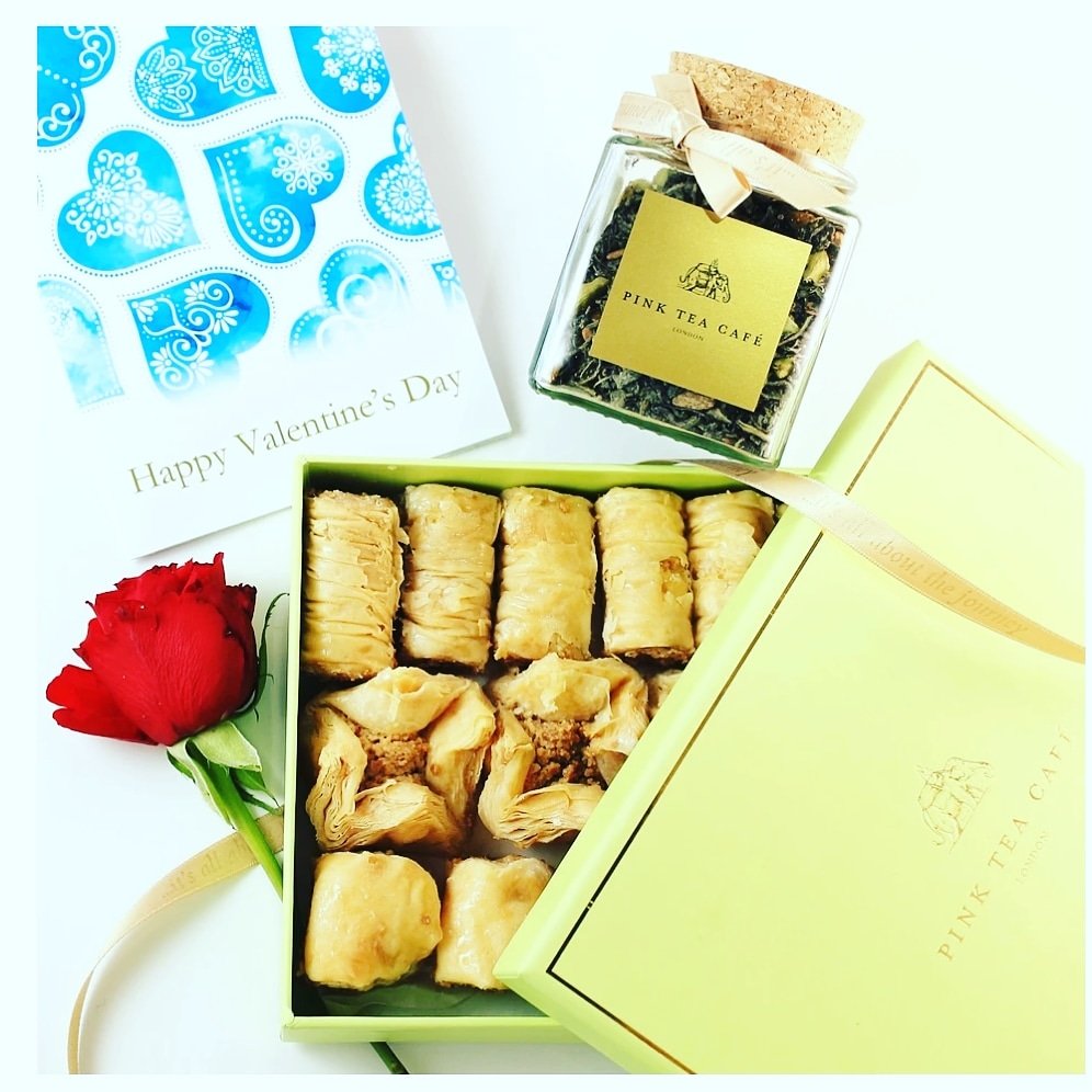 PinkTeaCafe's tweet photo. Make Valentine's day a delicious one! 
Classic Masala Chai 50g &amp; Handcrafted Baklava gift box 300g
£25 and free delivery in Kensington &amp; Chelsea #Veganuary2021 #ValentinesDay #valentinesdaygift #TeaLover https://t.co/35oMiVi9JD