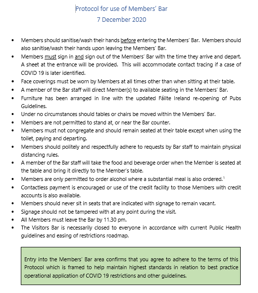 kenfoxe's tweet photo. A copy of the advice for TDs and Senators ahead of planned reopening of Leinster House Member's Bar. It didn't go ahead in the end. Guidance included not hanging around the bar, no moving of furniture, and everybody out by 11.30pm https://t.co/djGjndZGAS