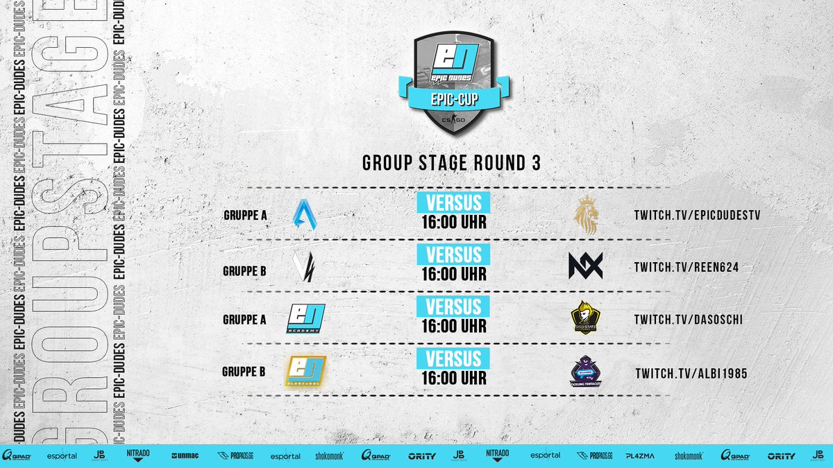 RUNDE3: 

<a href="/AequitasEsport/">Aequitas eSport</a>🆚 <a href="/RoyalEstateDE/">Royal Estate</a>  👉 twitch.tv/EPICDUDESTV
 
<a href="/v4multigaming/">V4</a>🆚 <a href="/N0Xgg/">NOX</a>  👉
twitch.tv/reen624
 
<a href="/EPICDUDESGAMING/">DIE DUDES</a> AC🆚 <a href="/sissistatepunks/">SISSI STΛTΞ PUNKS</a>  👉 twitch.tv/DasOschi
 
<a href="/EPICDUDESGAMING/">DIE DUDES</a> OLDSQL🆚 <a href="/TT_willhaben/">TT willhaben🐙</a>  👉 twitch.tv/albi1985
 
#WELIVEGAMING