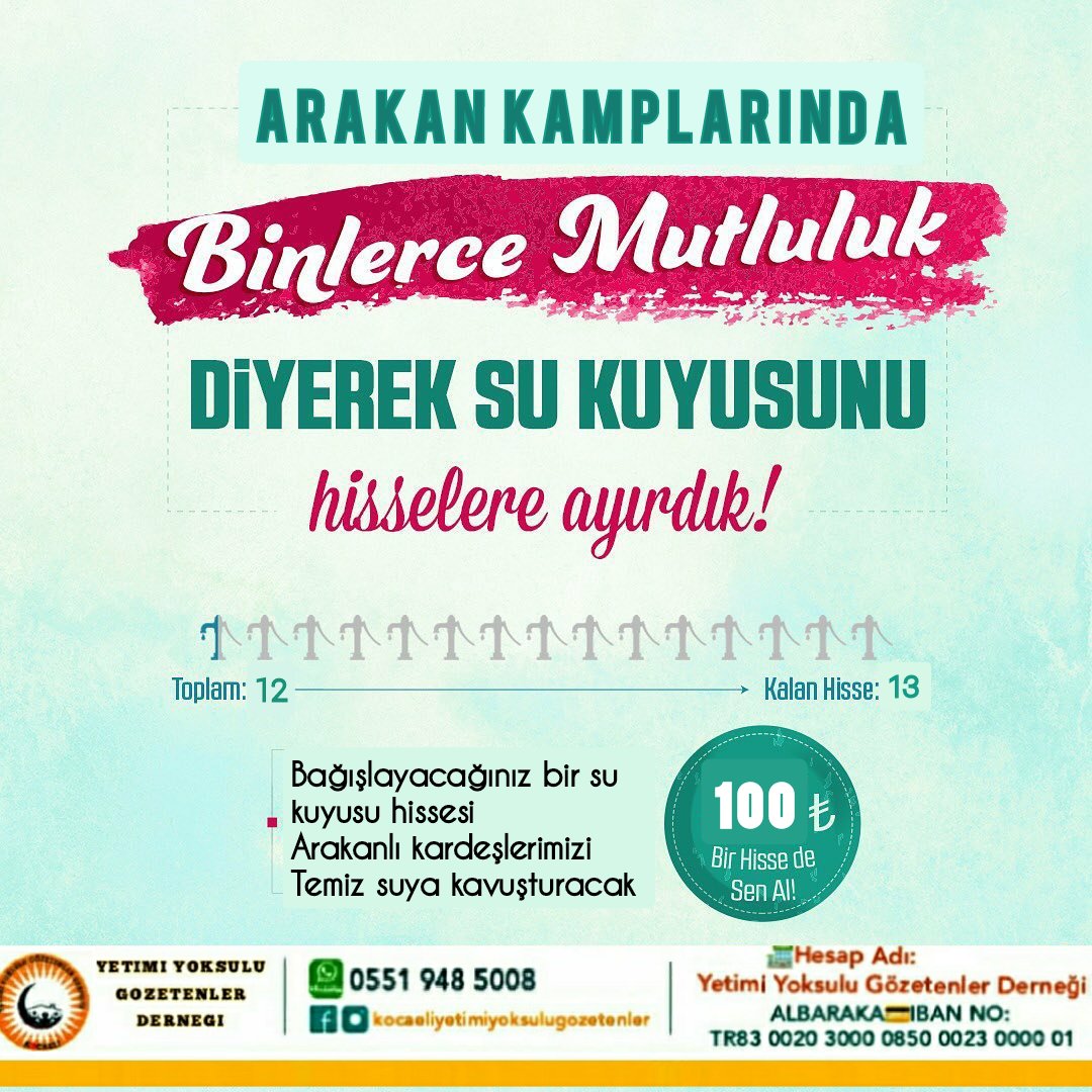 100 TL'ye Arakan'da bir su kuyusu açmak ister misiniz?
Bir hisse alarak Arakanlı kardeşlerimizi temiz suyla buluşturabilirsiniz.
Bir hisse bedeli 100₺
Kalan Hisse Adeti:13

📔 Alıcı Adı: Yetimi Yoksulu Gözetenler Derneği
🏧IBAN NO: TR 83 0020 3000 0850 0023 0000 01