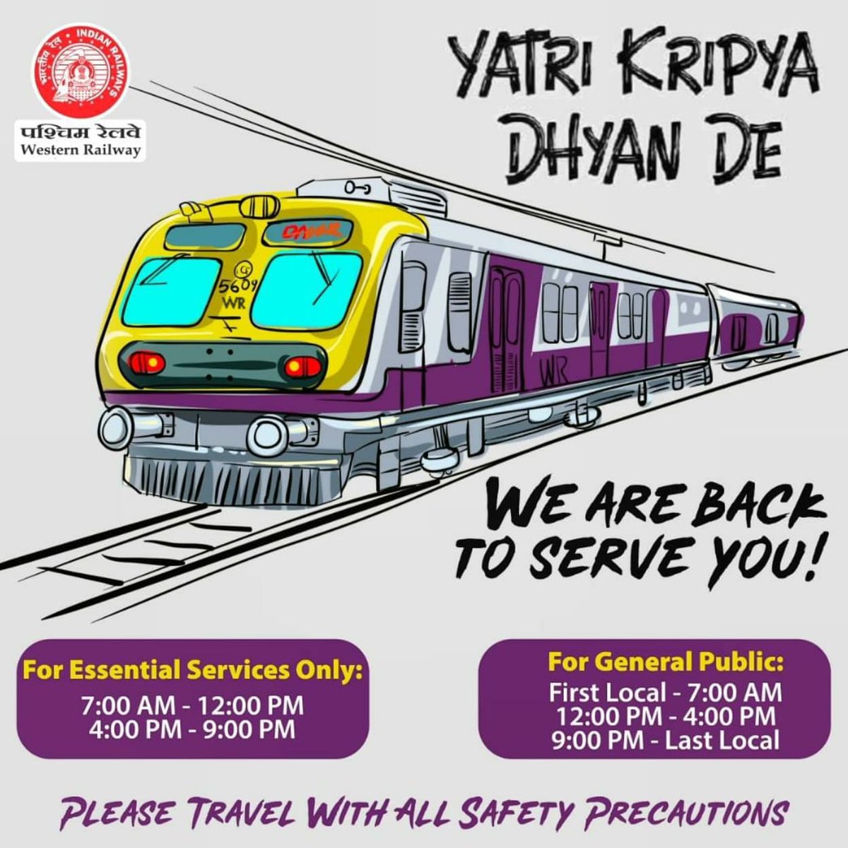 WesternRly's tweet image. Local train services resume for all from 1st Feb, 2021.
General Commuters are requested to travel only in the time slots alloted for them.
Time slots: 7.00am-12.00 pm &amp;amp; 04.00 pm-09.00 pm are reserved for essential category workers.
Follow all #COVID19Protocols, keep safe!
@drmbct