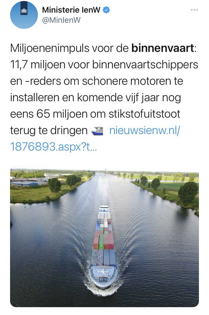 Mooi bericht van <a href="/MinIenW/">Ministerie van Infrastructuur en Waterstaat</a>. Het startsein om de binnenvaart nóg groener te maken! Op naar zero emissie! Een volgende stap die past binnen onze duurzame bedrijfsvoering. Het volledige bericht lees je hier: rijksoverheid.nl/ministeries/mi…